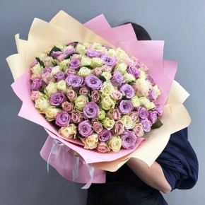 Букет из 101 розы пастельный микс и роз Меритим (40 см) в Ликино-Дулёво