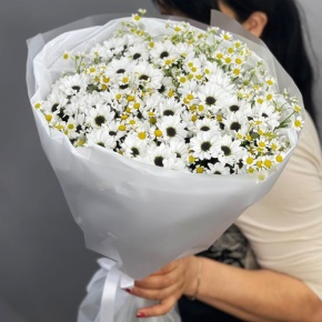 Букет "Понарошку" из хризантем сантини и ромашек в Ликино-Дулёво