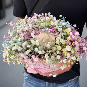 Композиция в коробке сердца из радужных гипсофил с топпером в Ликино-Дулёво