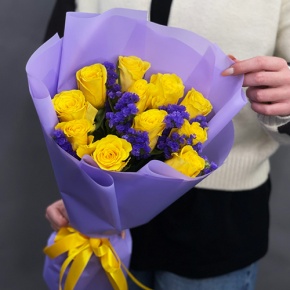 Букет "Лейкерс" из лимонных роз и статицы в Ликино-Дулёво